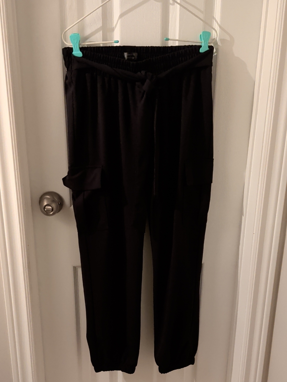Black Elastic Waist Pants With Front Tie And Pockets
